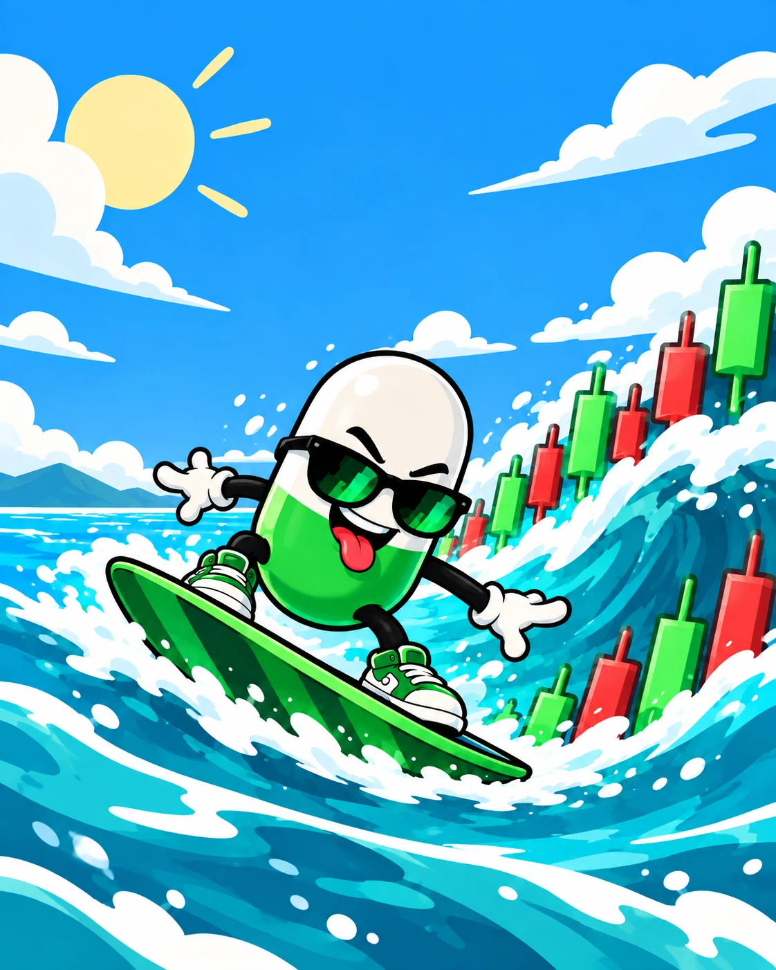 PUMP SURFER riding a candlestick market wave